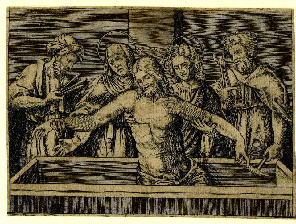Agostino Veneziano - Jesus Christ in the Tomb supported by the Virgin and St John who are flanked by St Joseph of Arimathaea and Nicodemus holding the instruments of his Passion, H,1.30