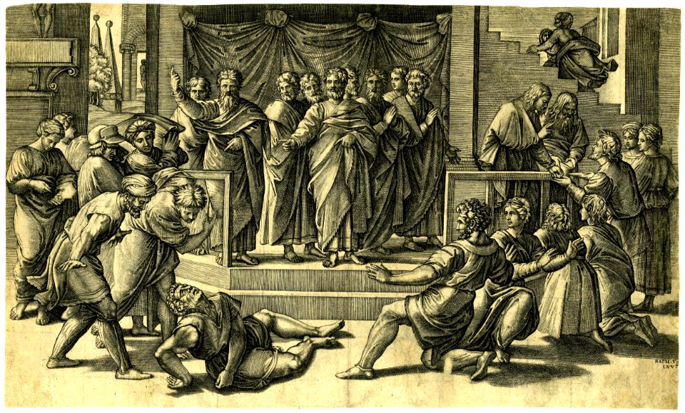 Agostino Veneziano - Ananias lying in convulsions at lower left, H,1.35