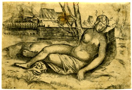 Agostino Veneziano - Attributed to - A female nude leaning against a low wall, with a wreath on her head and buildings behind, 1845,0825.776