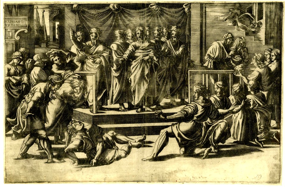 Agostino Veneziano - CircleSchool of - Ananias lying in convulsions at lower left, 1869,0410.154