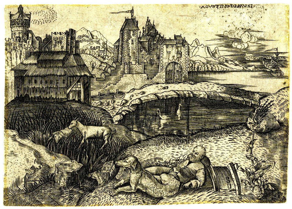 Agostino Veneziano - An old shepherd and his dog lying before a landscape with animals and distant buildings, 1873,0809.747