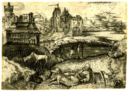 Agostino Veneziano - An old shepherd and his dog lying before a landscape with animals and distant buildings, 1873,0809.747
