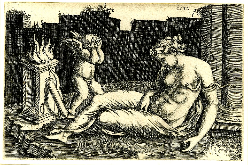 Agostino Veneziano - Cupid crying at left with his head in his hands for the death of Cleopatra r, 1873,0809.740