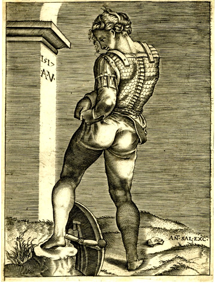 Agostino Veneziano - A warrior tying the top of his trousers onto his cuirass standing by a pliaster, 1896,0618.1