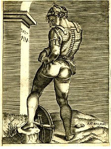 Agostino Veneziano - A warrior tying the top of his trousers onto his cuirass standing by a pliaster, 1896,0618.1