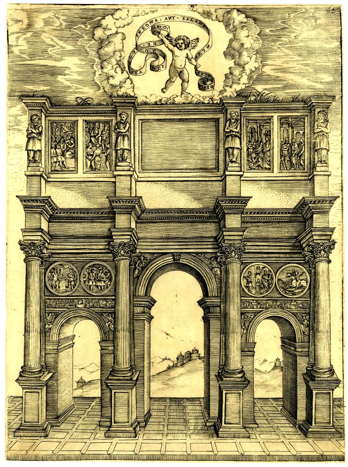 Agostino Veneziano - Attributed to - The arch of Constantine in Rome,surmounted by a putto with a scroll, SL,5238.62