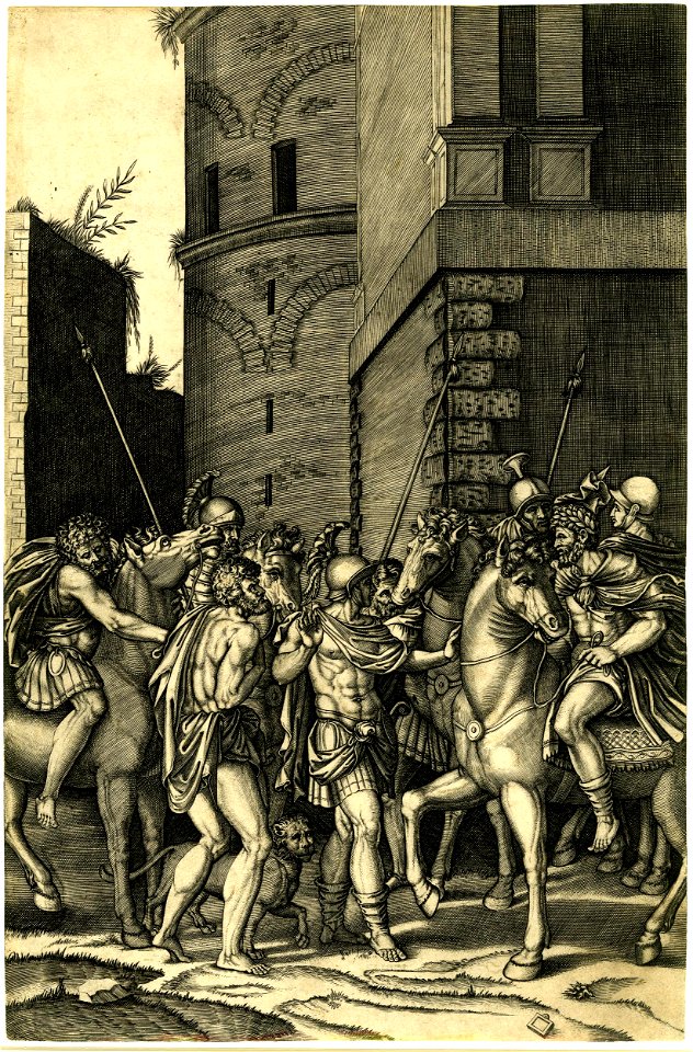 Agostino Veneziano - Emperor Hadrian on horseback freeing Androcles who is flanked by Roman soldiers and has a lion at his side, H,2.9