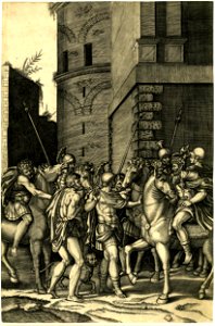 Agostino Veneziano - Emperor Hadrian on horseback freeing Androcles who is flanked by Roman soldiers and has a lion at his side, H,2.9