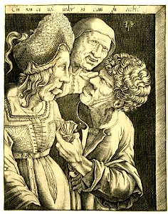 Agostino Veneziano - Attributed to - An ugly man offers a bag of money to a woman with a caricatured face, while an old bawd watches behind, 1872,0113.380