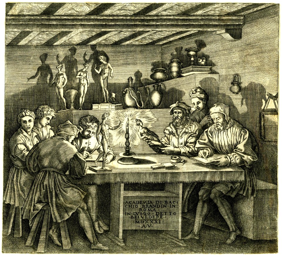 Agostino Veneziano - Baccio Bandinelli sitting in his studio holding a statuette of Venus, H,7.35
