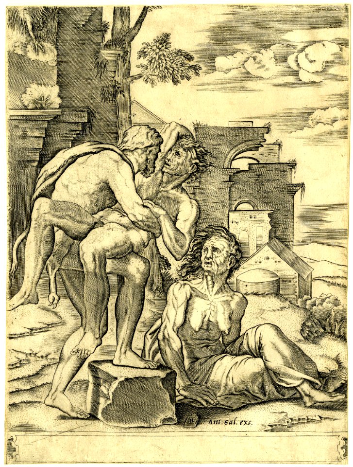 Agostino Veneziano - Hercules wrestling Antaeus in the presence of an old woman, likely Earth, Antaeus' mother, 1874,0808.246