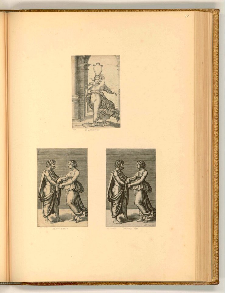 Agostino Veneziano - Frau trägt eine Vase am Kopf; Tanzendes Paar in antikem Gewand, ItI2371