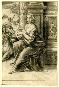 Agostino Veneziano - Chastity, sitting against an ornate wall decorated with columns and bas-relief, 1874,0711.1964