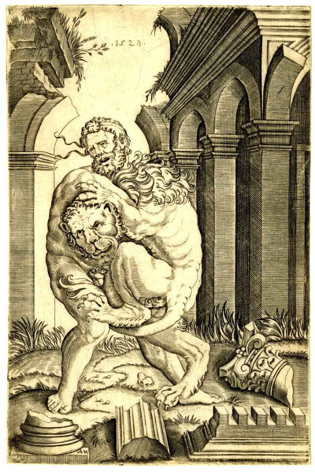 Agostino Veneziano - Hercules wrestling the Nemean lion with both arms wrapped around the beast's neck, 1874,0808.245