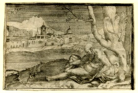 Agostino Veneziano - Diogenes, reclining nude on the ground, leaning against a tree with a cup and a jug at his side, 1872,0511.786