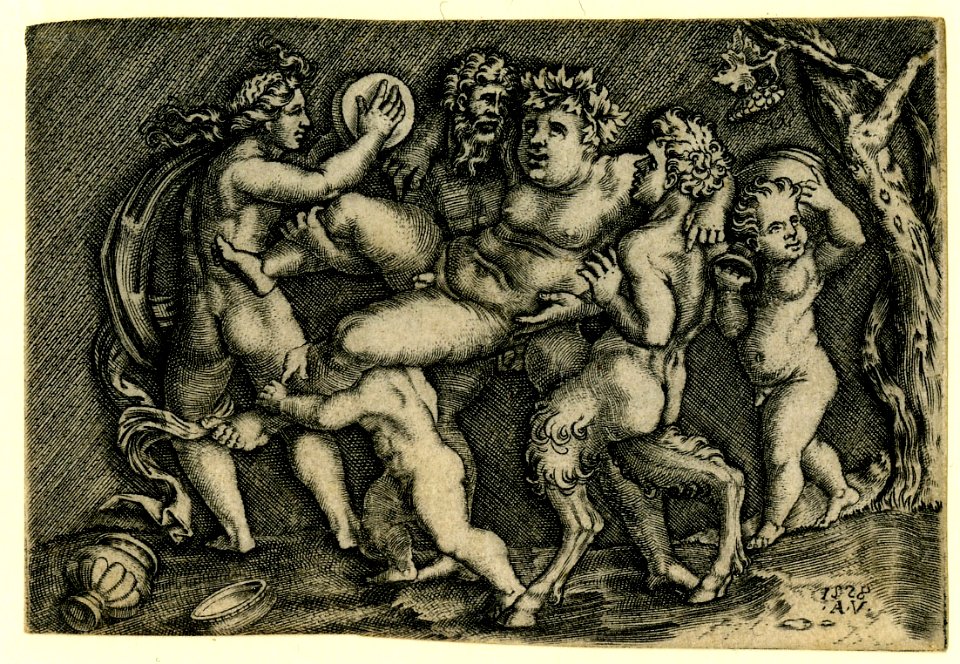 Agostino Veneziano - Bacchus at centre carried by two satrys and a putto, H,7.28