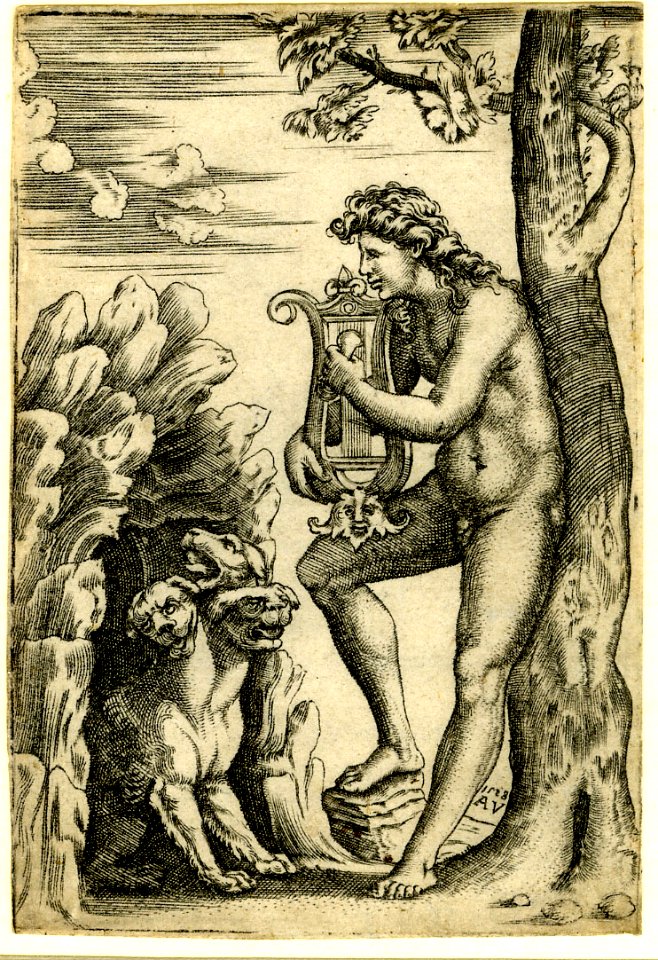 Agostino Veneziano - Orpheus, leaning against a tree, playing the lyre with the three-headed dog Cerberus emerging from a cave at left., 1840,0808.6