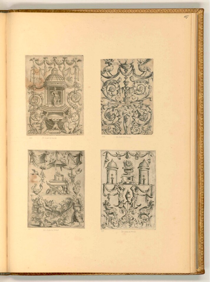 Agostino Veneziano - Ornamente mit Akanthusblättern, Fabelwesen und Architektur, ItI23117