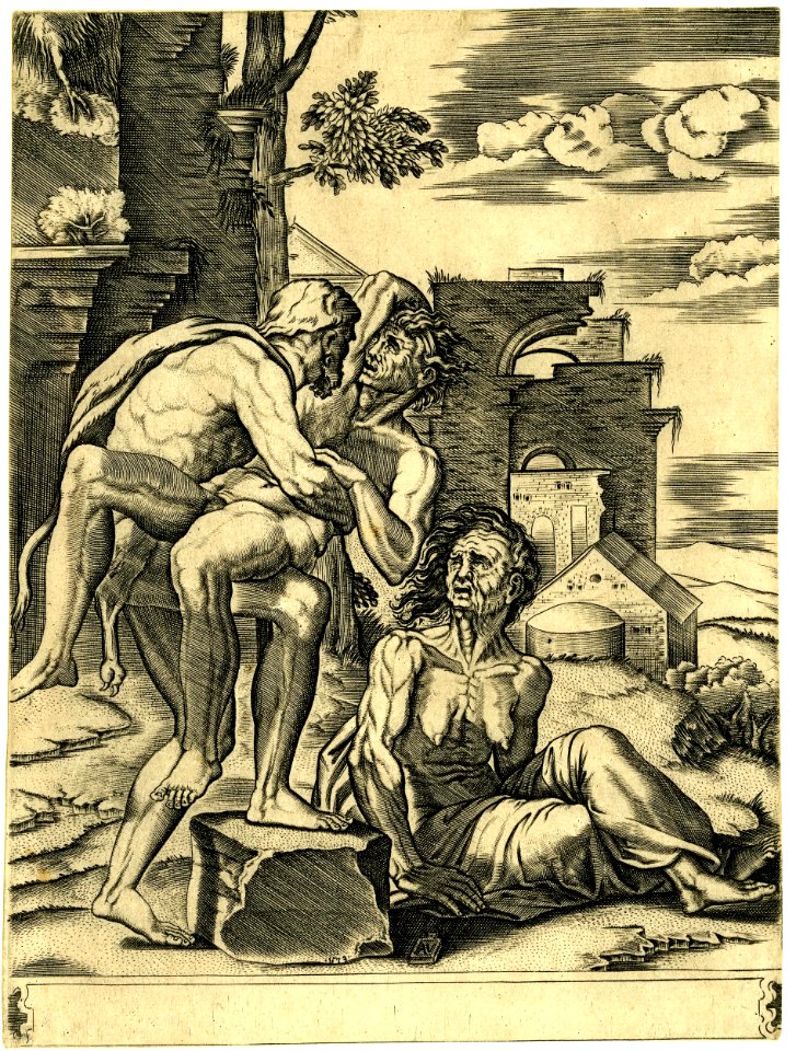 Agostino Veneziano - Hercules wrestling Antaeus in the presence of an old woman, likely Earth, Antaeus' mother, 1864,1114.409