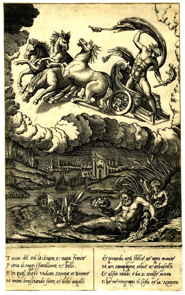 Agostino Veneziano - Phaeton in the sky, driving a chariot lead by four horses of which he has lost control, 1840,0808.10