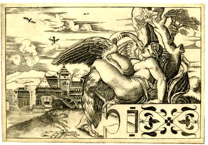 Agostino Veneziano - Leda, sitting on a carved bench, leaning against a tree and embracing Jupiter in the form of a swan, 1854,0614.280