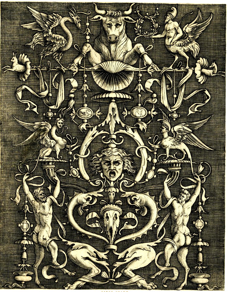 Agostino Veneziano - Panel of ornament with a horned bull with splayed feet at the top. early 1530s, 1873,0809.757