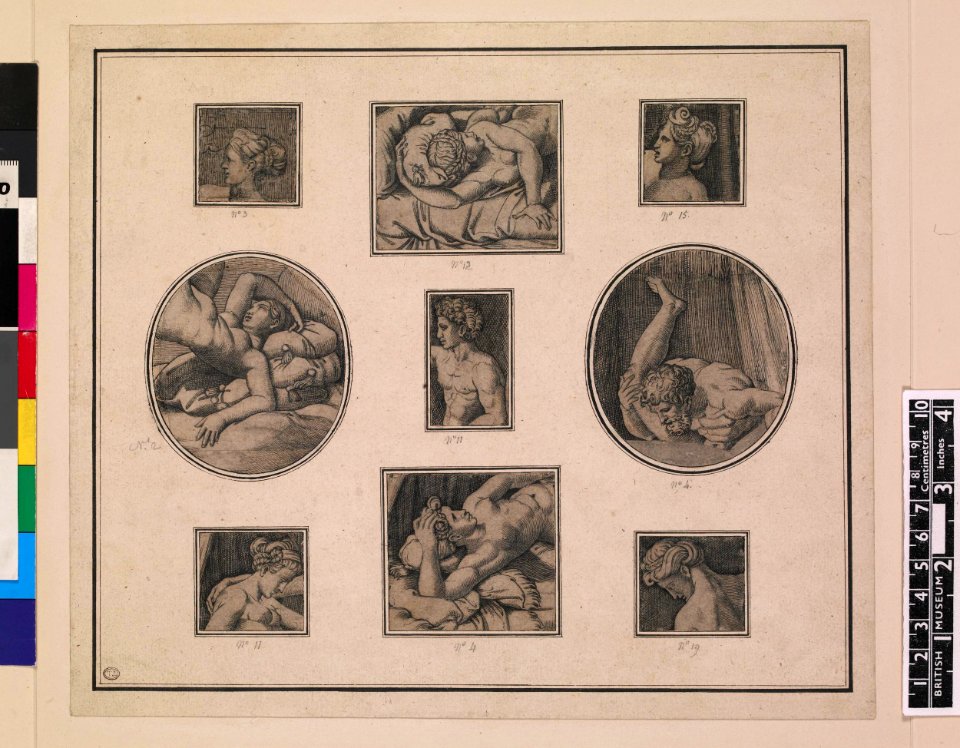 Agostino Veneziano - Nine fragments depicting the 'Loves of the Gods' (I Modi ('the Positions')), mounted on a sheet, Ii,16.6.1-9