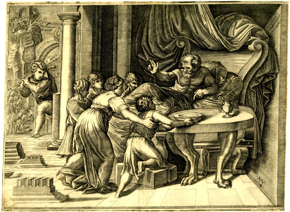Agostino Veneziano - Rebekah presenting Jacob to Isaac who is laying on a bed and raising his right hand in a gesture of blessing, H,7.4