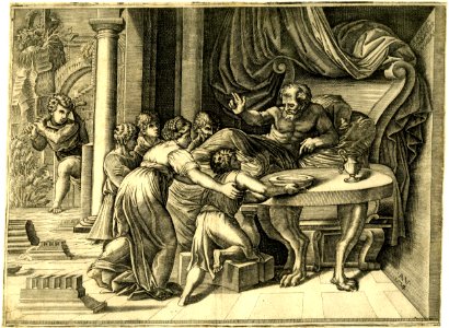 Agostino Veneziano - Rebekah presenting Jacob to Isaac who is laying on a bed and raising his right hand in a gesture of blessing, H,7.4