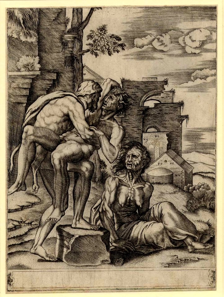 Agostino Veneziano - Hercules wrestling Antaeus in the presence of an old woman, likely Earth, Antaeus' mother, 1949,1011.1