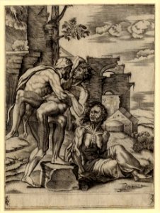 Agostino Veneziano - Hercules wrestling Antaeus in the presence of an old woman, likely Earth, Antaeus' mother, 1949,1011.1