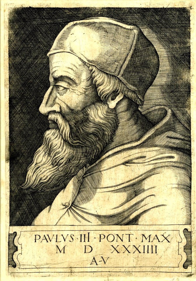 Agostino Veneziano - Portrait of Pope Paul III, half-length in profile wearing a mitre. 1534, 1868,0808.3195