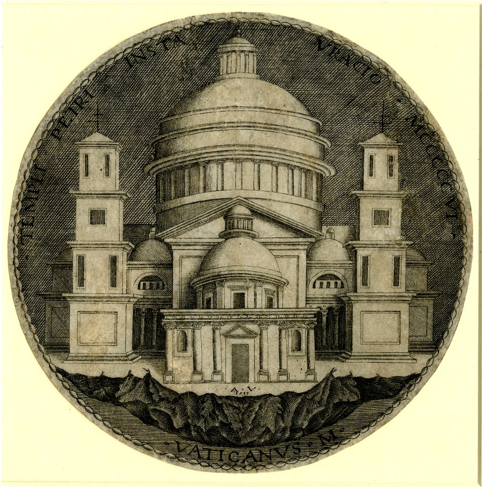 Agostino Veneziano - Medal showing old St Peter's in Rome, with Bramante's additions of 1506. 1517, 1986,U.14