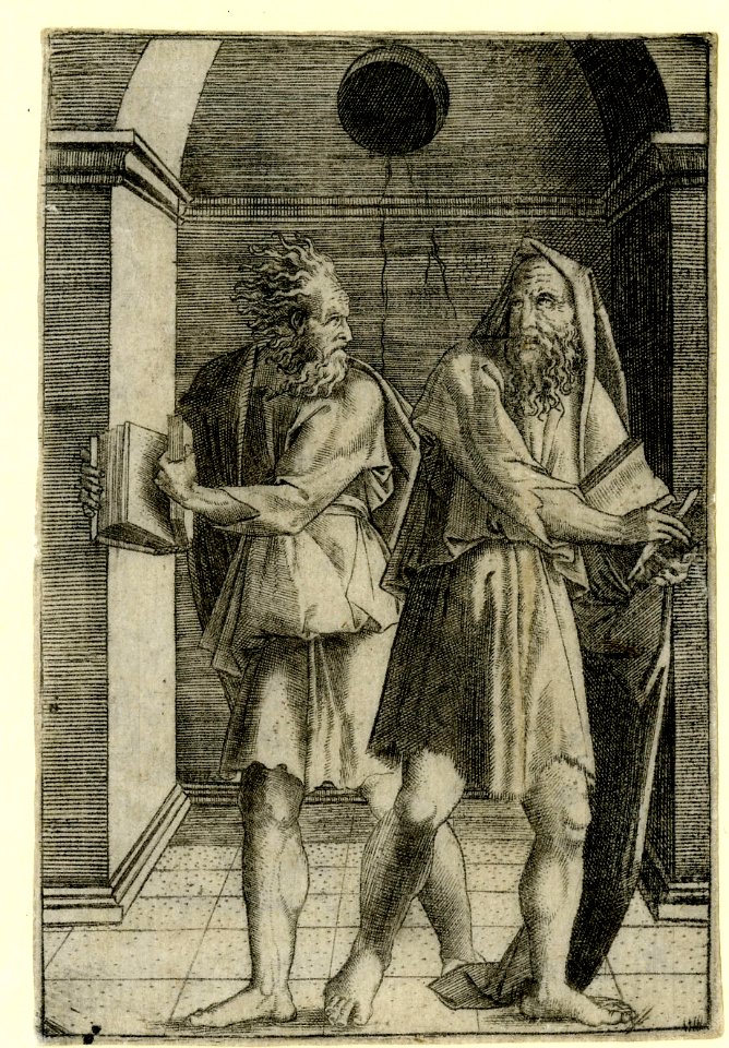 Agostino Veneziano - Two old philosophers holding open books, walking away from each other as if in anger, 1873,0809.748