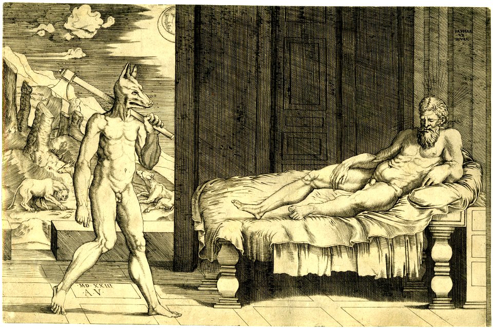Agostino Veneziano - Lycaon at left, with the face of a wolf, 2006,U.419