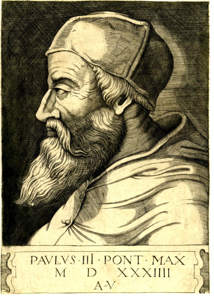 Agostino Veneziano - Portrait of Pope Paul III, half-length in profile wearing a mitre. 1534, H,7.1