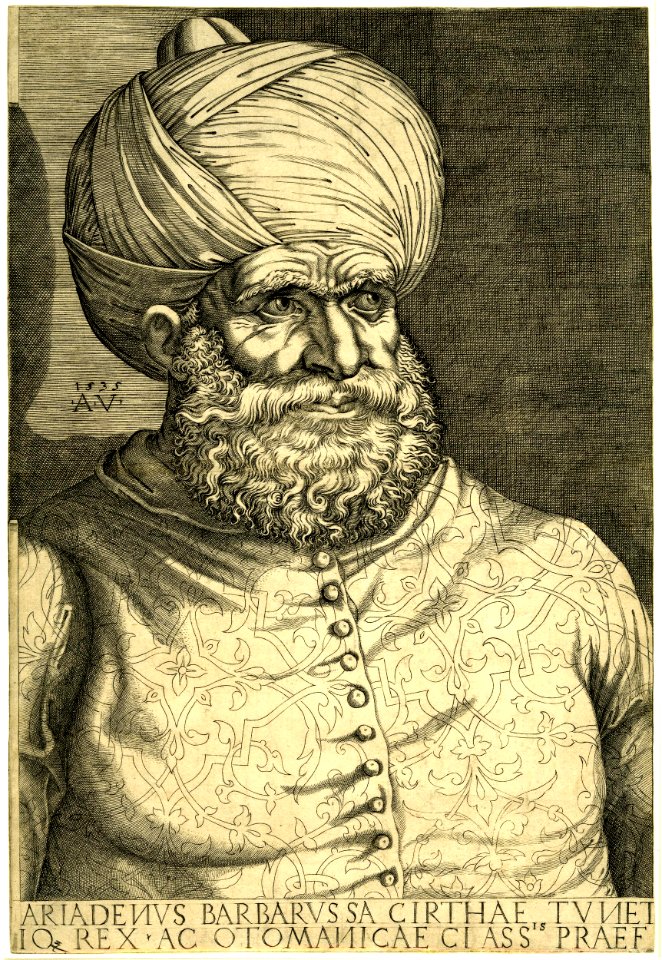 Agostino Veneziano - Portrait of Barbarossa, admiral of the Turkish fleet, half-length wearing a turban. 1535, H,7.3
