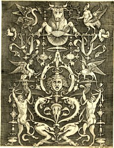 Agostino Veneziano - Panel of ornament with a horned bull with splayed feet at the top, 1850,0612.109