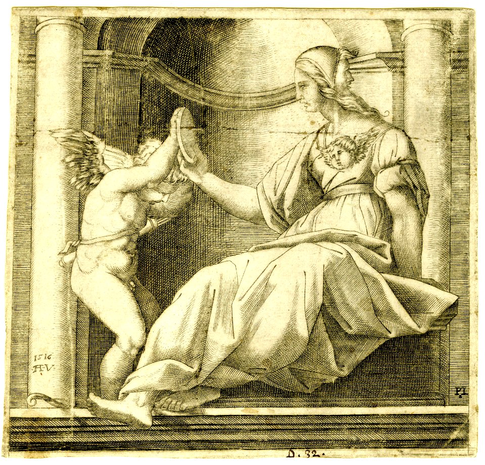 Agostino Veneziano - Prudence sitting in a niche regarding herself in a mirror held by Cupid at left., 1874,0808.247