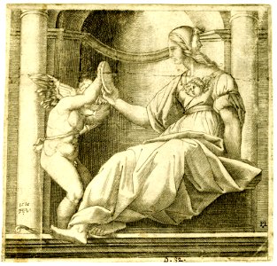 Agostino Veneziano - Prudence sitting in a niche regarding herself in a mirror held by Cupid at left., 1874,0808.247