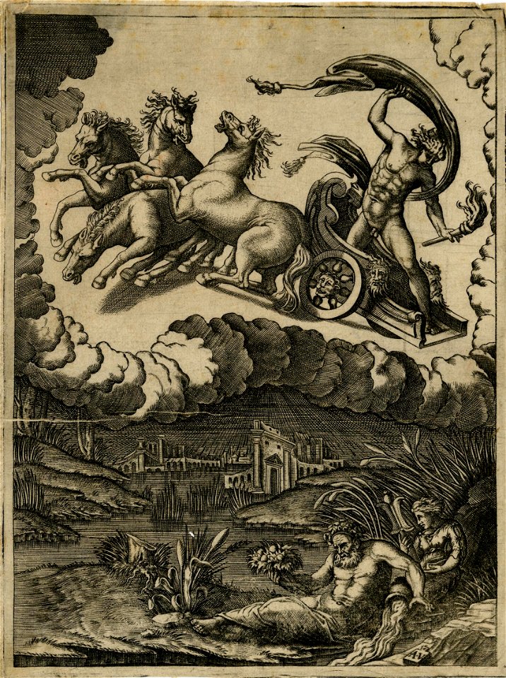 Agostino Veneziano - Phaeton in the sky, driving a chariot lead by four horses of which he has lost control, H,7.25