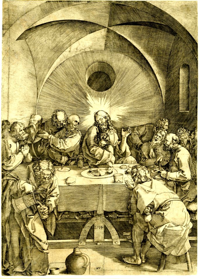 Agostino Veneziano - The last supper with Christ sitting at the centre of the table, embracing John, H,7.12