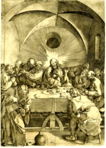 Agostino Veneziano - The last supper with Christ sitting at the centre of the table, embracing John, H,7.12