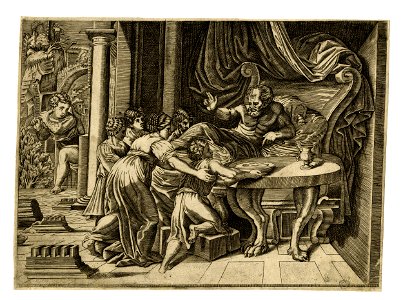 Agostino Veneziano - Rebekah presenting Jacob to Isaac who is laying on a bed and raising his right hand in a gesture of blessing, V,4.40