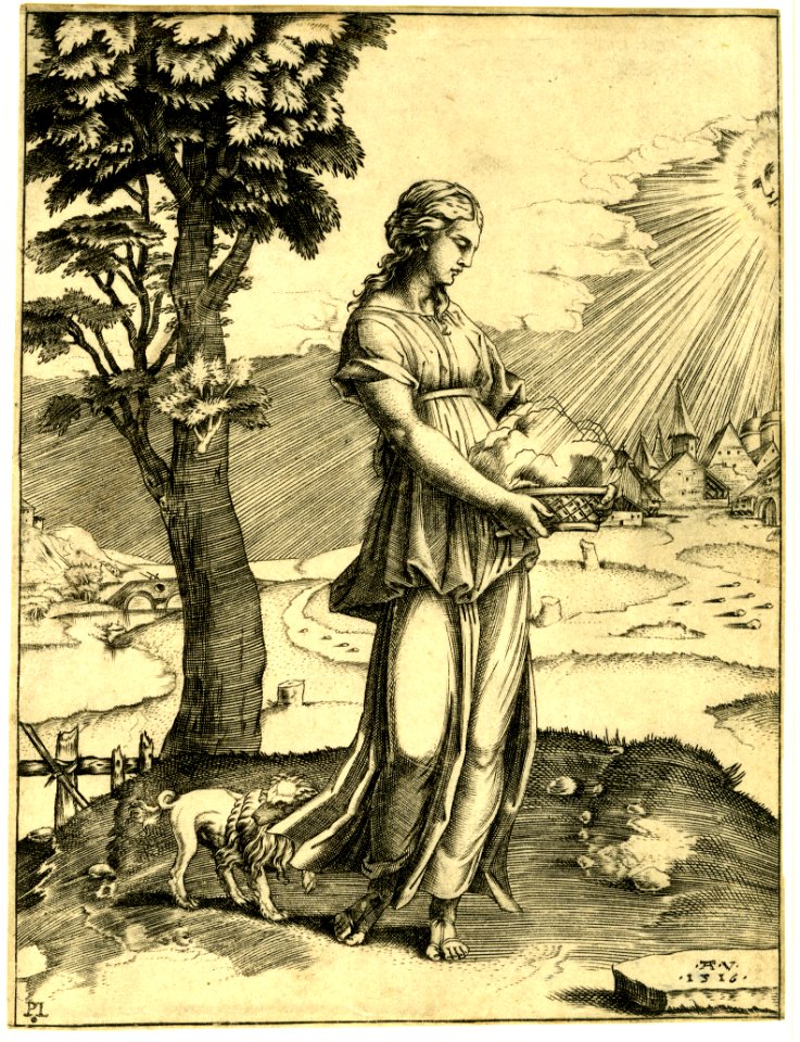 Agostino Veneziano - The Cumaean Sibyl standing in a landscape with a dog at her feet, H,7.29