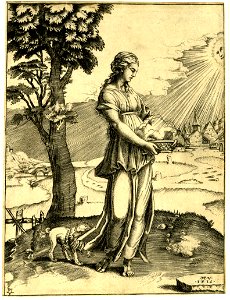Agostino Veneziano - The Cumaean Sibyl standing in a landscape with a dog at her feet, H,7.29