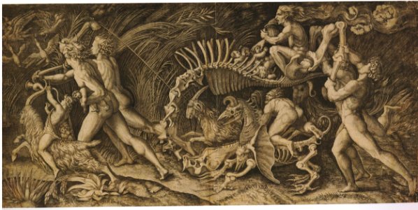 Agostino Veneziano - Two naked men drag the carcass of a monstrous creature, a witch rides above and two other naked men bring up the rear, H,3.50