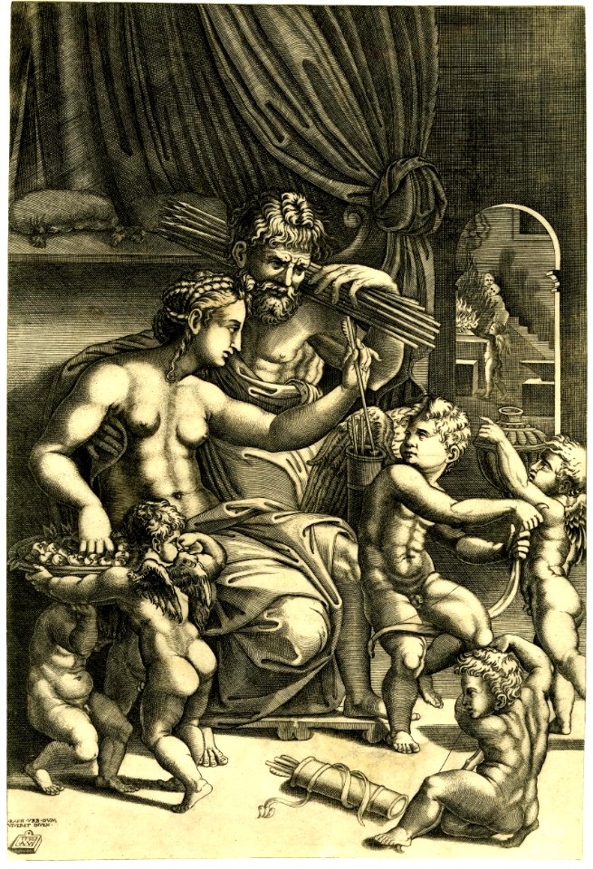 Agostino Veneziano - Venus placing her right hand in a plate of fruits held by two cupids and placing an arrow into the quiver of another with her left, H,7.24