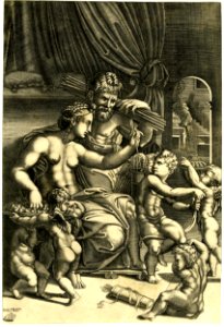 Agostino Veneziano - Venus placing her right hand in a plate of fruits held by two cupids and placing an arrow into the quiver of another with her left, H,7.24