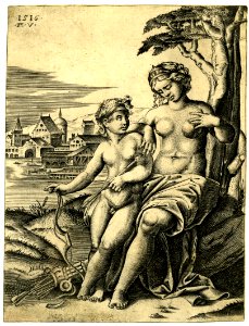 Agostino Veneziano - Venus sitting at the foot of a tree on a hill, H,7.23